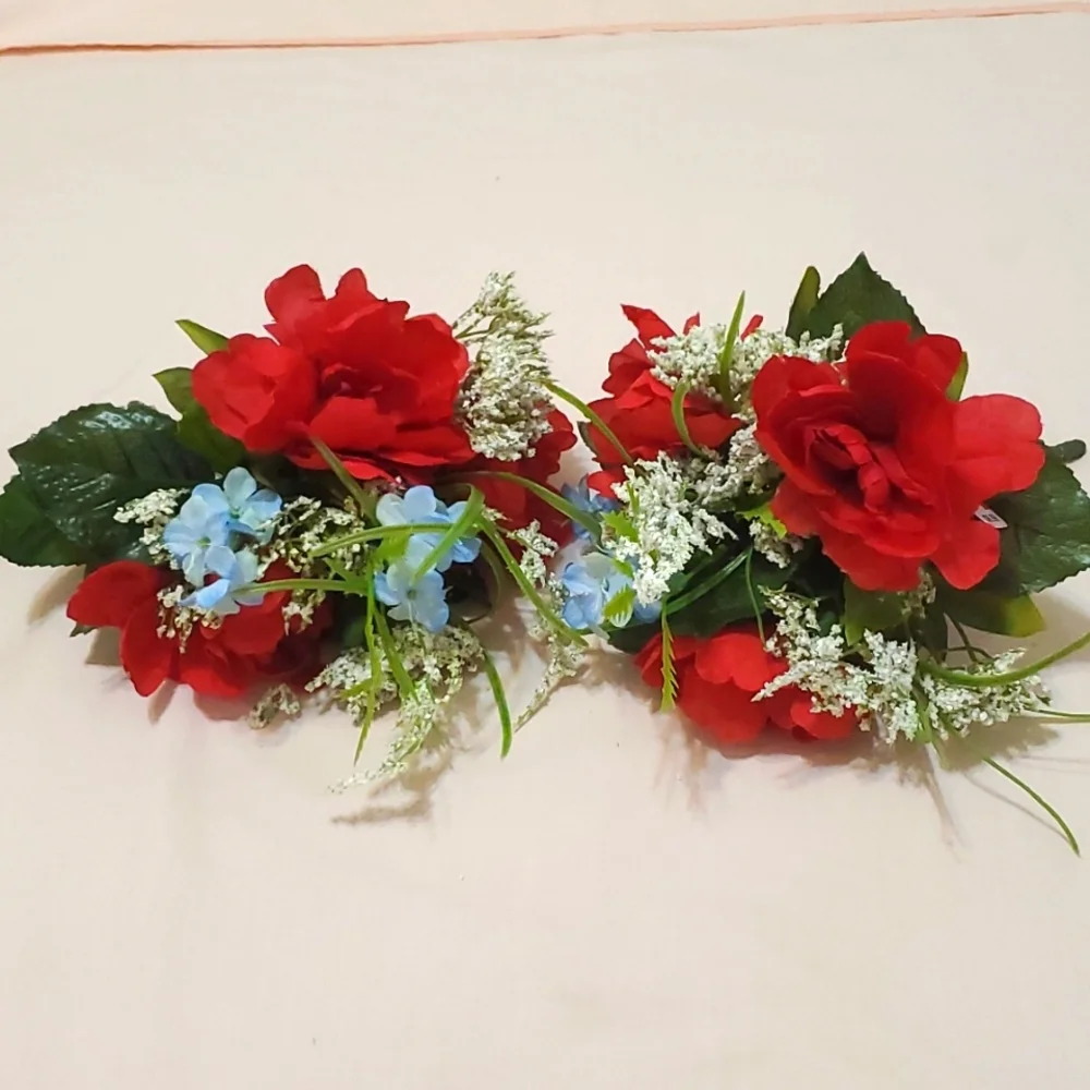 2 Faux Red/Blue/Baby's Breath Bushes